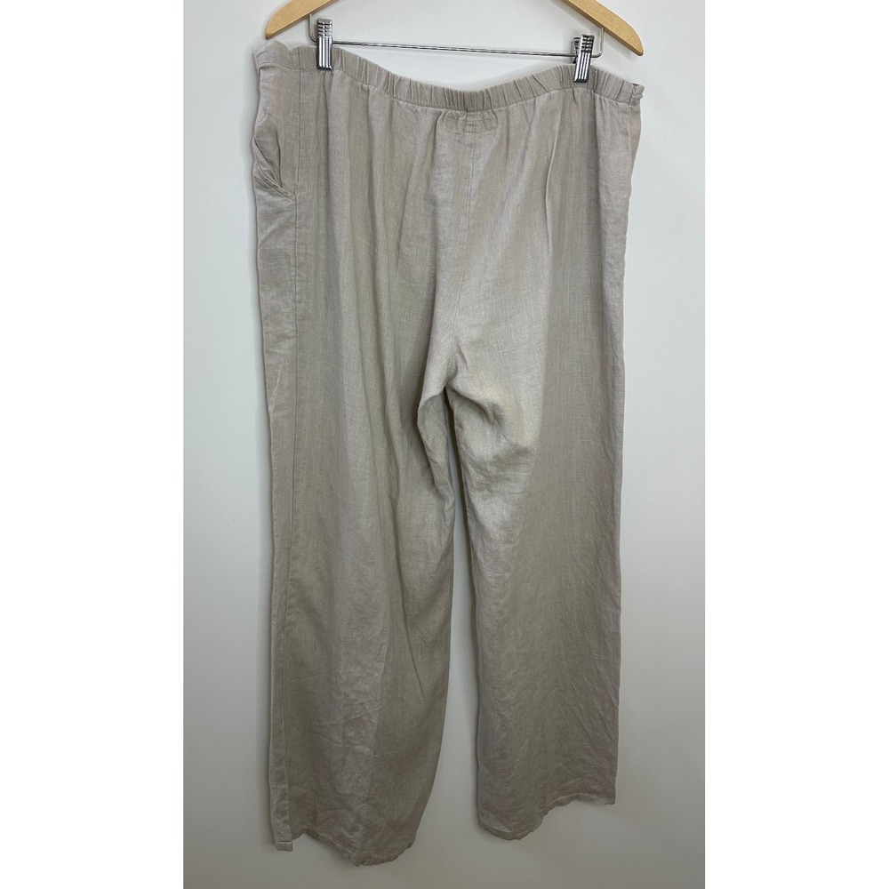 Flax 100% Linen Wide Leg Pants Medium - Large Taupe Tan Elastic Waist Lagonlook - Picture 11 of 15